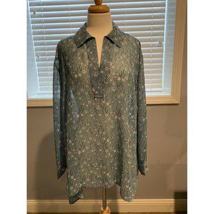 CAbi Teal Gray Floral Tunic Blouse Top size L Wome